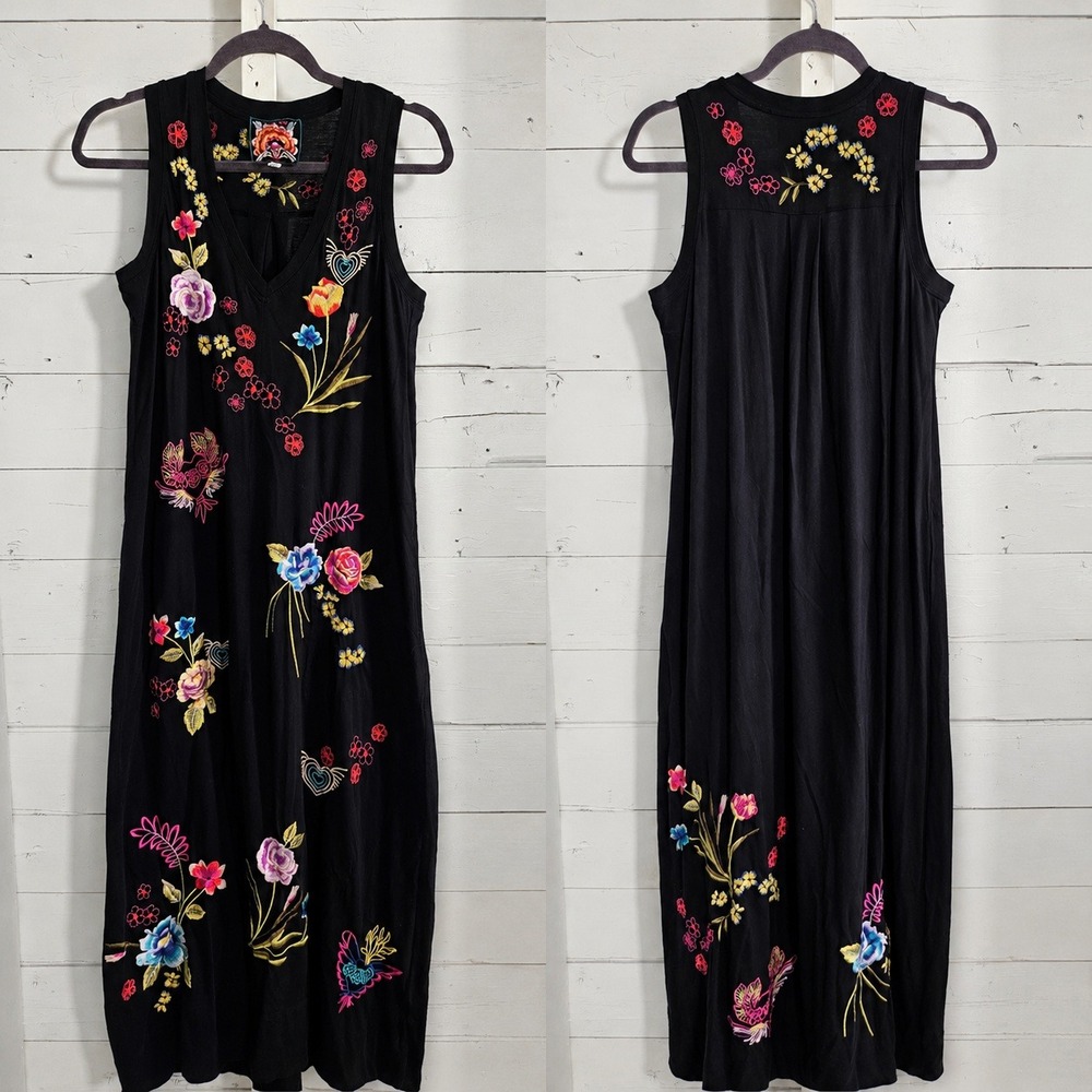 Johnny Was Black Jessi Knit Maxi Dress Embroidered V-Neck Sleeveless XS